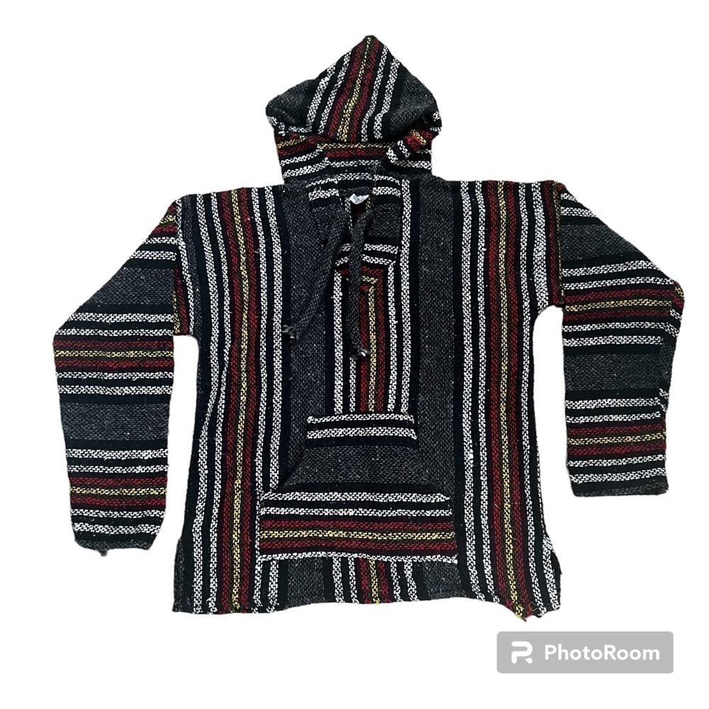 Poncho style striped Mexican hoodie with V neck & tie one large front pocket, L.